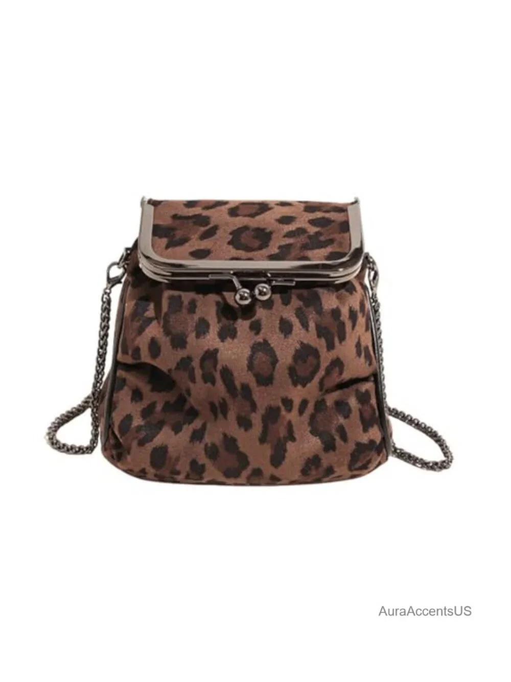 Leopard Print Faux Suede Satchel Crossbody Bag with Kiss Lock and Chain